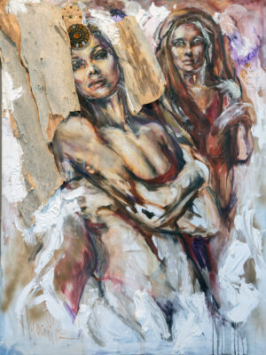 Two Women in Red Hoods Sculpture on Canvas 36"x48"